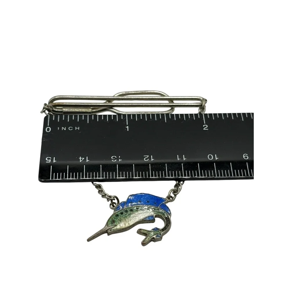 Vintage Tie Bar Clip Enamel‎ Swordfish Silver Tone Dangle Chain Nautical Fish